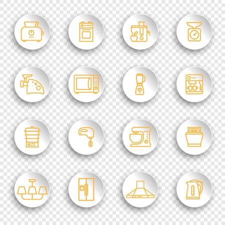 Linear icons of kitchen appliances on white round stickers with transparent shadowsのイラスト素材