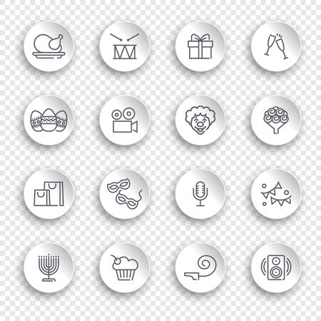 Linear icons of event and holidays on white stickers with transparent shadowsのイラスト素材