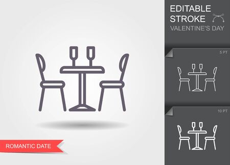 Dining table for date with glasses of wineand chairs. Outline icon with editable stroke Linear symbol of the love with shadowのイラスト素材