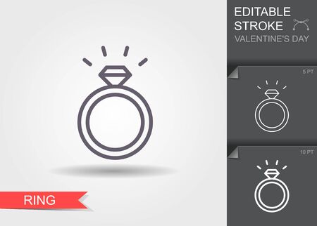 Diamond engagement ring. Outline icon with editable stroke Linear symbol of the love with shadowのイラスト素材
