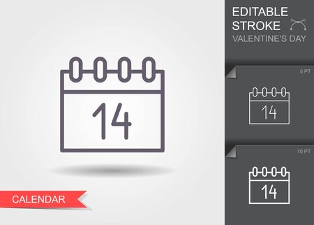 Calendar icon 14 February Valentines day. Outline icon with editable stroke Linear symbol of the love with shadowのイラスト素材