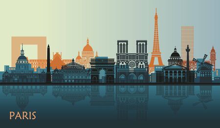 Stylized landscape of Paris with Eiffel tower, arc de Triomphe and Notre Dame Cathedral and other attractionsのイラスト素材