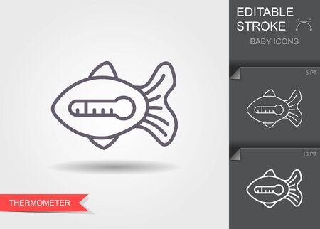 Water thermometer in shape of fish. Outline icon with editable stroke. Linear symbol of care of children with shadowのイラスト素材