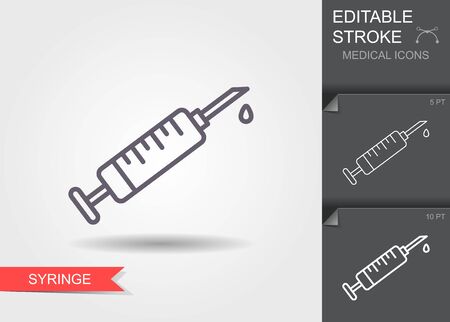 Syringe. Line icon with editable stroke with shadowのイラスト素材