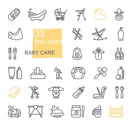 Linear icons on the theme of child care. Feeding and bathing of newbornsのイラスト素材
