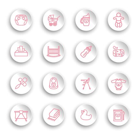 Baby care line icon set on white stickers with transparent shadows. Vector illustrationのイラスト素材