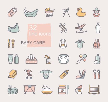 Linear icons on the theme of child care. Feeding and bathing of newbornsのイラスト素材