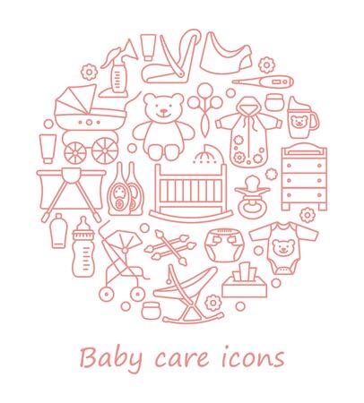 Baby care. Feeding and bathing of newborns. Set of linear icons in the form of a circleのイラスト素材