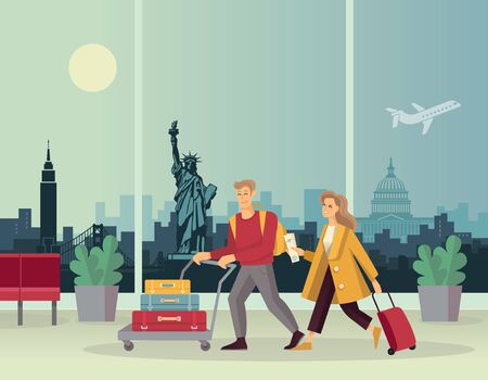 Young couple with Luggage at the airport. Against the background of an abstract panorama of the U.S. attractions.のイラスト素材