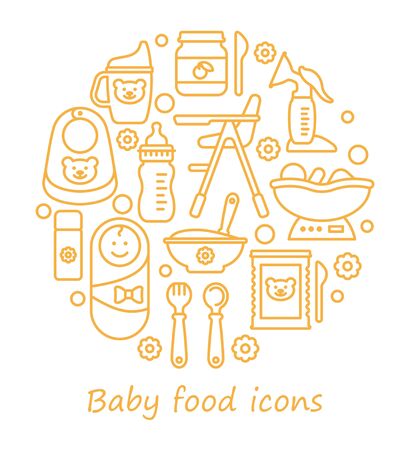 Set of vector icons on the theme of feeding babies. Line icons in the form of a circleのイラスト素材
