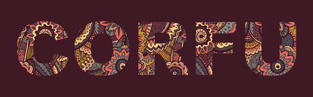 Inscription CORFU in the style of abstract hand drawing. Letters with doodles ornamentのイラスト素材