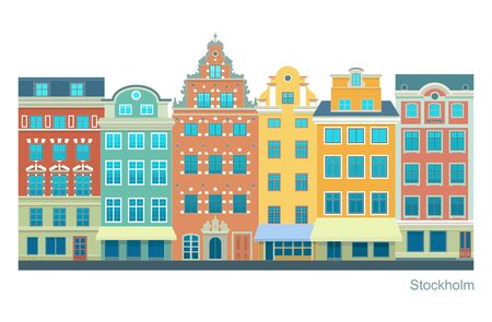 Stockholm - Stortorget place in Gamla stan. Stylized flat highly detailed illustration of an old European townのイラスト素材