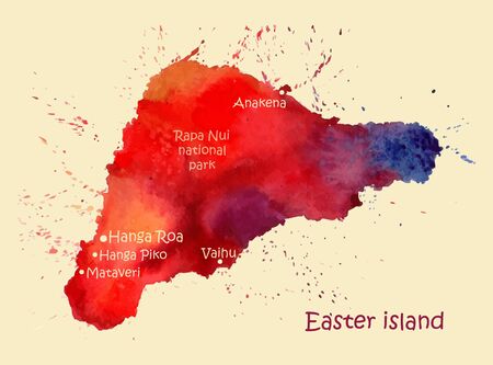 Watercolor map of Easter island with localities. Stylized image with spots and splashes of paintのイラスト素材