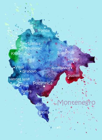 Watercolor map of Montenegro with cities. Stylized image with spots and splashes of paintのイラスト素材