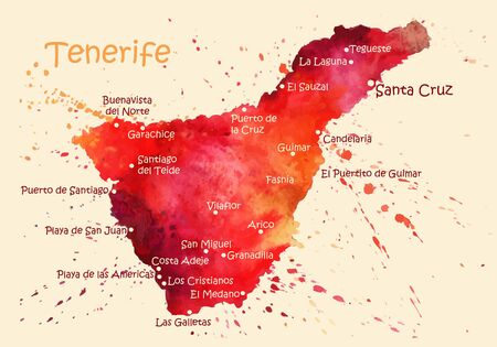 Watercolor map of Tenerife with cities. Stylized image with spots and splashes of paintのイラスト素材