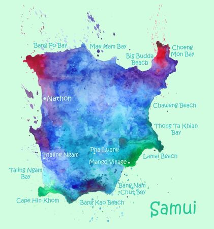 Watercolor map of Koh Samui with localities. Stylized image with spots and splashes of paintのイラスト素材
