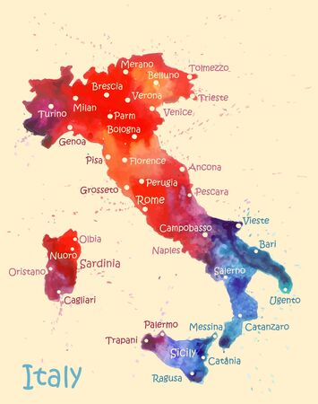 Watercolor map of Italy with cities. Stylized image with spots and splashes of paintのイラスト素材