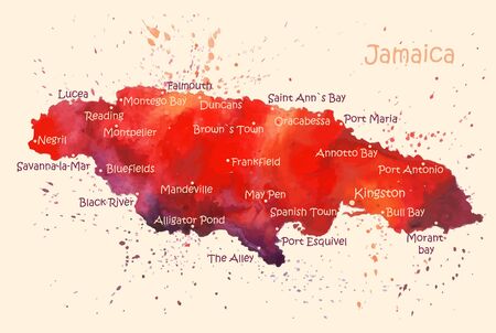 Watercolor map of Jamaica island with localities. Stylized image with spots and splashes of paintのイラスト素材