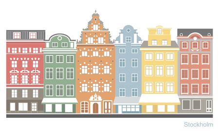 Colorful old town of Stockholm - Stortorget place in Gamla stan. Stylized flat highly detailed illustration of an old European cityのイラスト素材