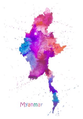 Watercolor map of Myanmar. Stylized image with spots and splashes of paint. Vector illustrationのイラスト素材
