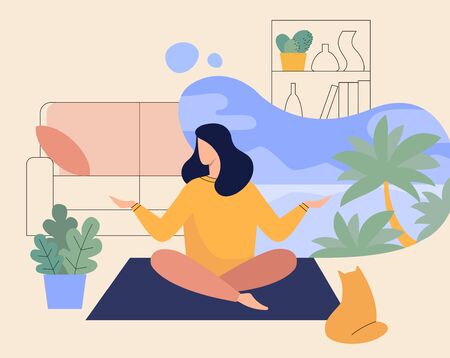 Woman Meditating at Home, Yoga of Lady in Room flat illustrationのイラスト素材