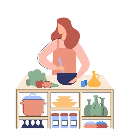 The girl prepares healthy food in the kitchen. A woman cooking a salad. Flat vector illustrationのイラスト素材