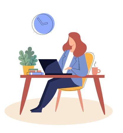 Businesswoman is sitting at a table with a laptopr. Flat vector illustrationのイラスト素材