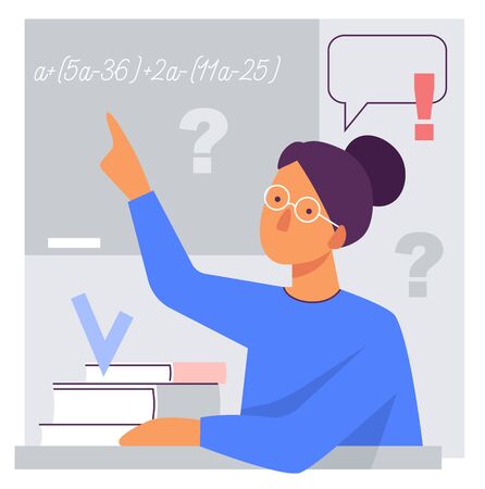 Flat stylized illustration of a teacher at the blackboard. A woman with books explains mathematicsのイラスト素材