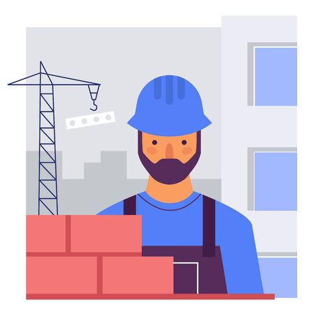The Builder builds a brick wall. Flat stylized vector illustrationのイラスト素材
