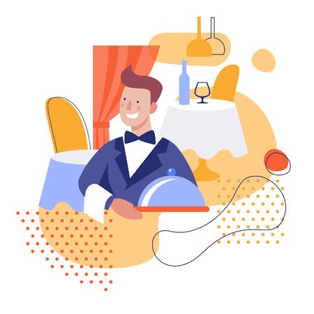 Waiter with a dish. Flat vector illustrationのイラスト素材