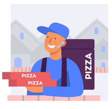 Flat stylized illustration of a pizza delivery manのイラスト素材