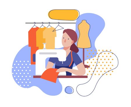 A woman dressmaker at a sewing machine. Flat stylized illustrationのイラスト素材