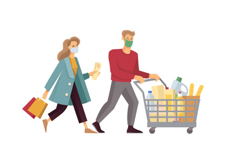 Isolated flat illustration of a masked young couple shopping for food with a shopping cartのイラスト素材