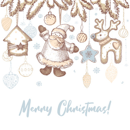 Vintage postcard for Christmas and New year holidays. Stylized hand drawingのイラスト素材