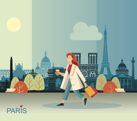 Girl with coffee and bags walking in Parisのイラスト素材