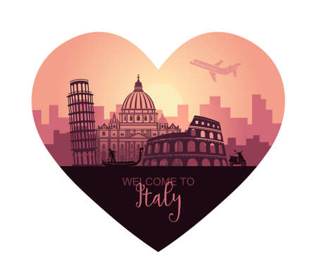 Abstract Italian cityscape with silhouettes of sights at sunset in the form of a heartのイラスト素材