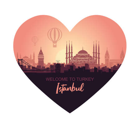Landscape of the Turkish city of Istanbul. Abstract skyline with the main attractions in the form of a heartのイラスト素材