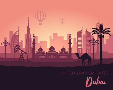 Abstract Dubai city landscape with sunset backgroundのイラスト素材