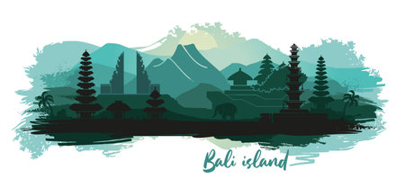 Abstract landscape of the Indonesian island of Bali with the main attractionsのイラスト素材
