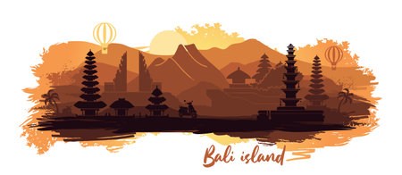 Abstract landscape of the Indonesian island of Bali with the main attractionsのイラスト素材