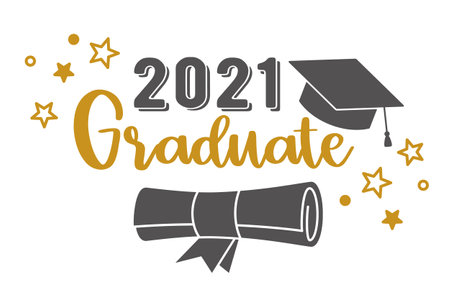 2021 Graduate . Trendy calligraphy golden glitter inscription with black hatのイラスト素材