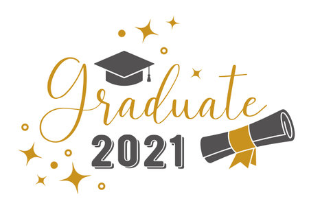 2021 Graduate . Trendy calligraphy golden glitter inscription with black hatのイラスト素材
