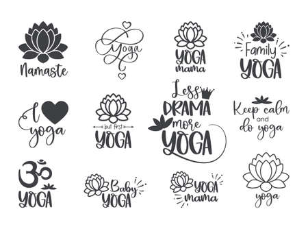 Set of yoga symbols and inscriptions. Lotus flower and OM yoga logoのイラスト素材