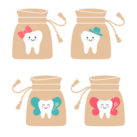 Tooth Fairy bag with funny teeth with wingsのイラスト素材