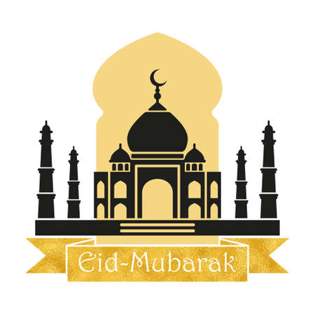 Eid Mubarak Design with a mosque and golden inscriptionのイラスト素材