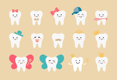 Tooth fairies with crowns and wings. Girl teeth and boy teet. Flat illustrations in kawaii styleのイラスト素材