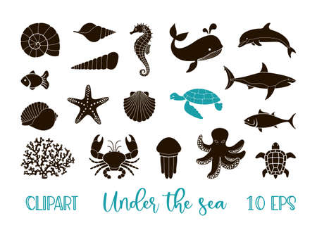 Underwater animals clipart - a set of silhouettesのイラスト素材