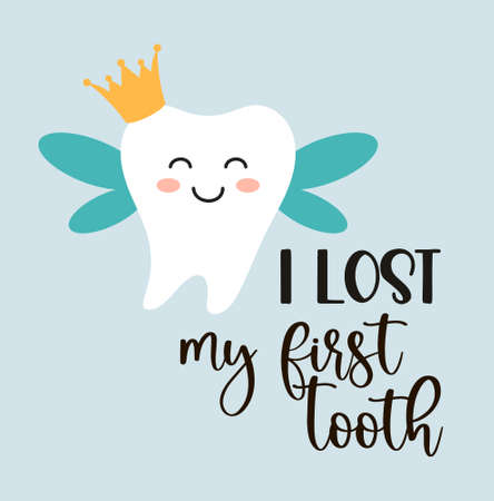 Cute Tooth Fairy greeting card as funny smiling cartoon character of tooth fairy with crown and hand written textのイラスト素材