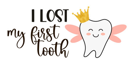 Cute Tooth Fairy greeting card as funny smiling cartoon character of tooth fairy with crown and hand...