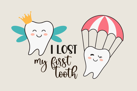 Cute Tooth Fairy greeting card as funny smiling cartoon character of tooth fairy with crown and hand written textのイラスト素材